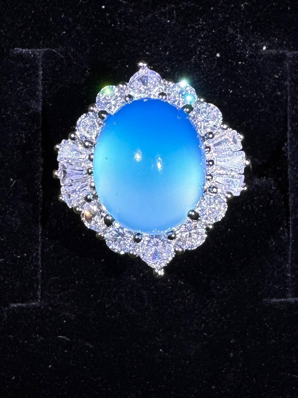 Ocean Blue Chalcedony Adjustable CZ Halo Statement Ring